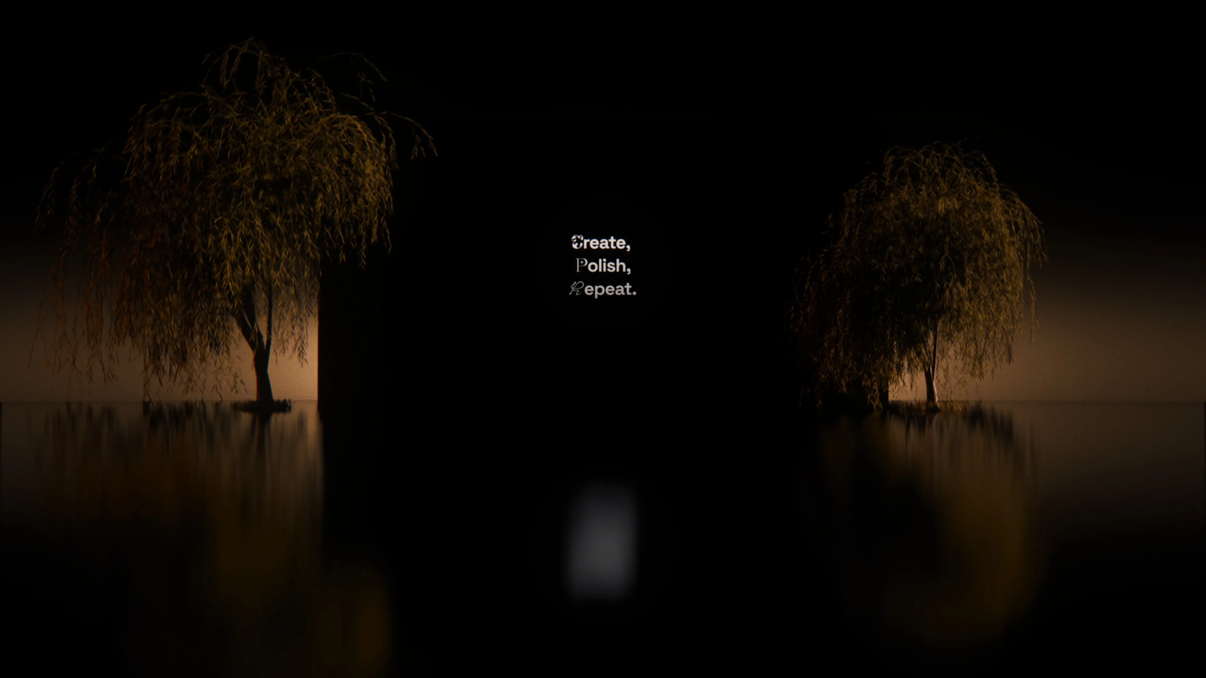 A large display in a warmly lit interior between two trees.